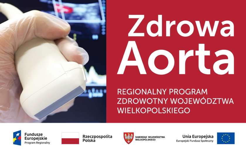 Plakat programu złożony z dwóch części: po lewej zdjęcie dłoni trzymającej głowicę USG, po prawej informacje na temat programu - grafika rozmowy