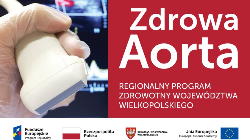 Plakat programu złożony z dwóch części: po lewej zdjęcie dłoni trzymającej głowicę USG, po prawej informacje na temat programu