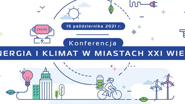 Grafika przedstawia nazwę i datę konferencji oraz rysunki nawiązujące do energii i klimatu, bp. samochód elektryczny, baterię, człowieka na rowerze, wiatraki.