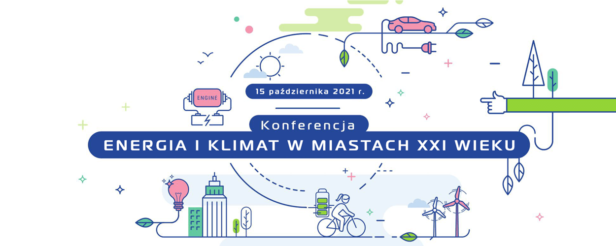 Grafika przedstawia nazwę i datę konferencji oraz rysunki nawiązujące do energii i klimatu, bp. samochód elektryczny, baterię, człowieka na rowerze, wiatraki. - grafika rozmowy