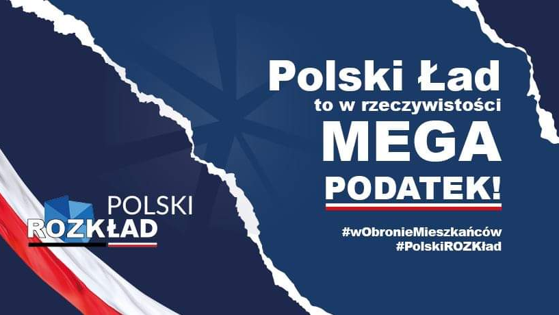 Grafika: granatowe tło, na nim napis: Polski Ład to w rzeczywistości Mega Podatek