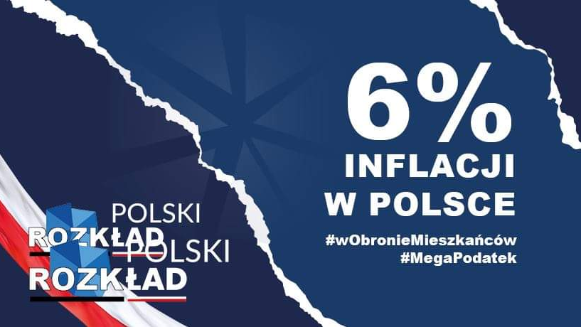 Grafika: na granatowym tle biały napis: 6% inflacji w Polsce