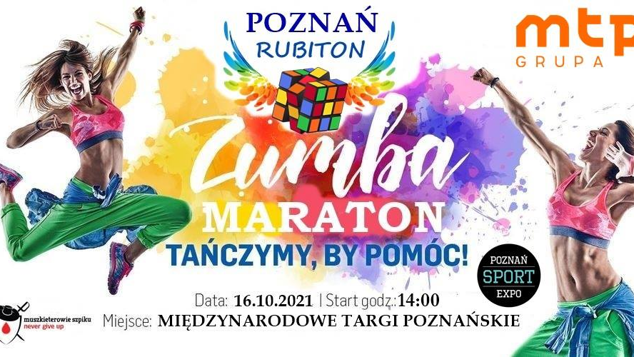 Na zdjęciu plakat, dwie kobiety tańczące zumbę, w środku kolorowa plama i napis Zumba Maraton