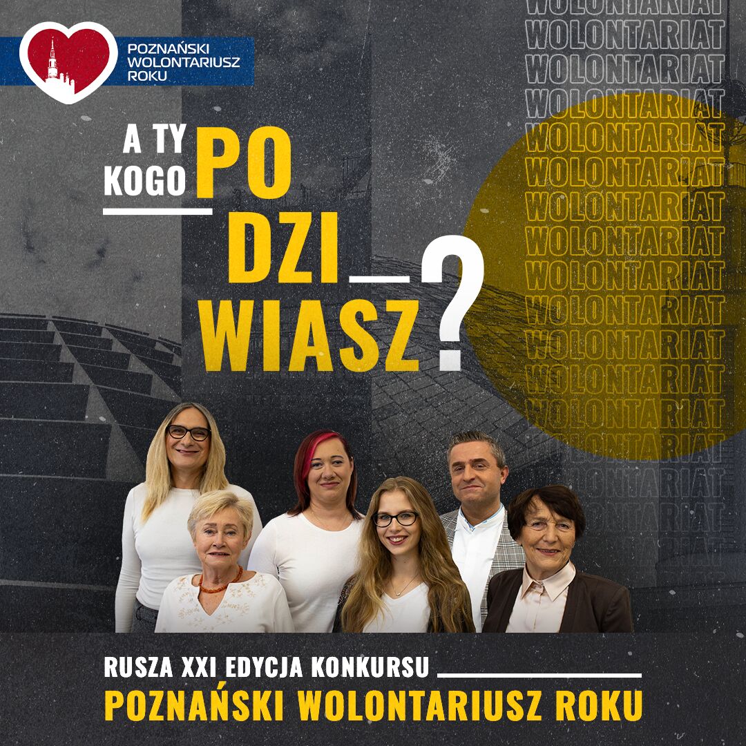 Na zdjęciu grupa wolontariuszy w różnym wieku, 5 kobiet i mężczyzna, pod nimi informacja o tym, że rusza nabór do konkursu - grafika rozmowy