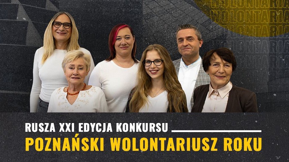 Na zdjęciu grupa wolontariuszy w różnym wieku, 5 kobiet i mężczyzna, pod nimi informacja o tym, że rusza nabór do konkursu