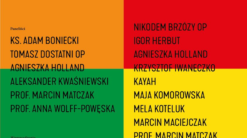 Grafika: różnokolorowe plansze z nazwiskami panelistów