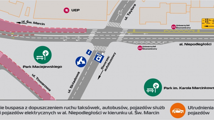 Infografika z mapką obrazującą zmiany w organizacji ruchu