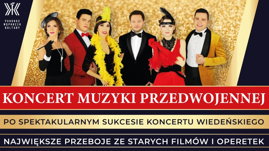 Grafika przedstawia zdjęcie artystów - kobiety są w eleganckich sukienkach, a mężczyźni w garniturach oraz informacje o koncercie.