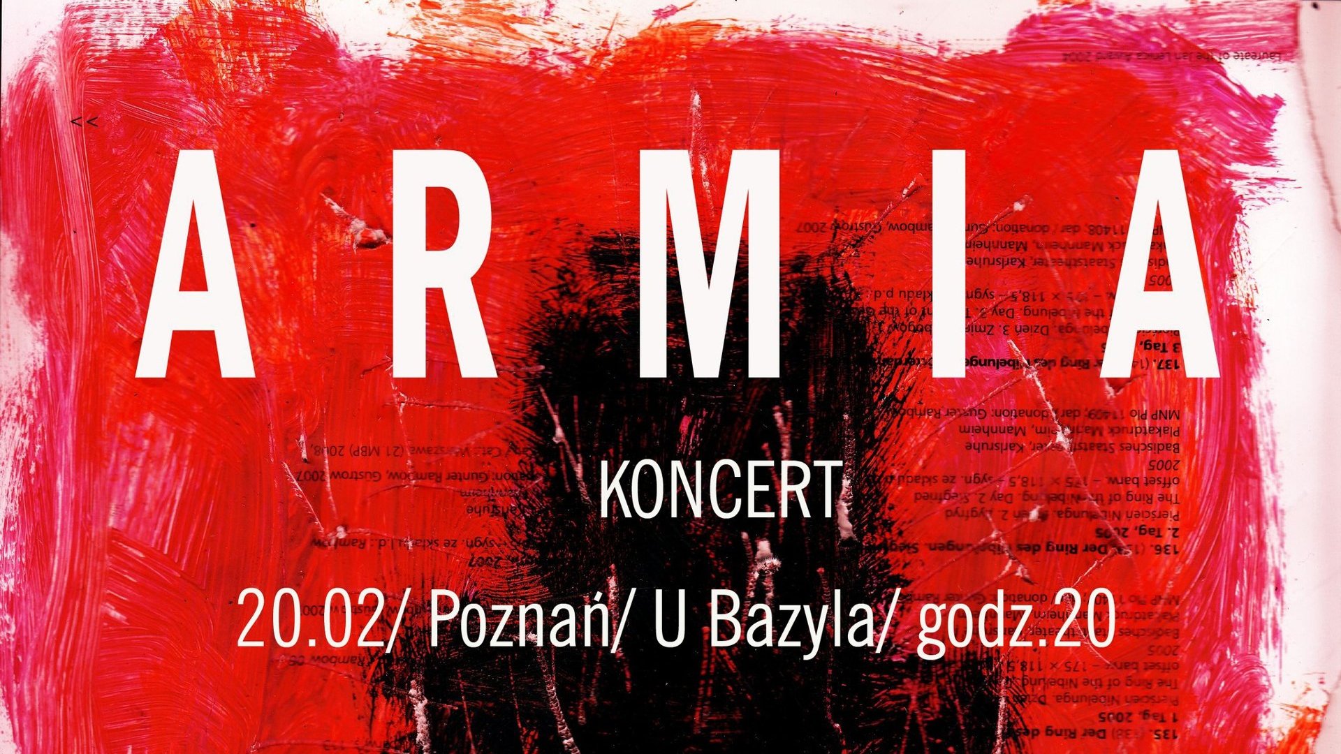 Grafika przedstawia plakat zapowiadający koncert, widać na nim napis Armia na czerwonym tle.