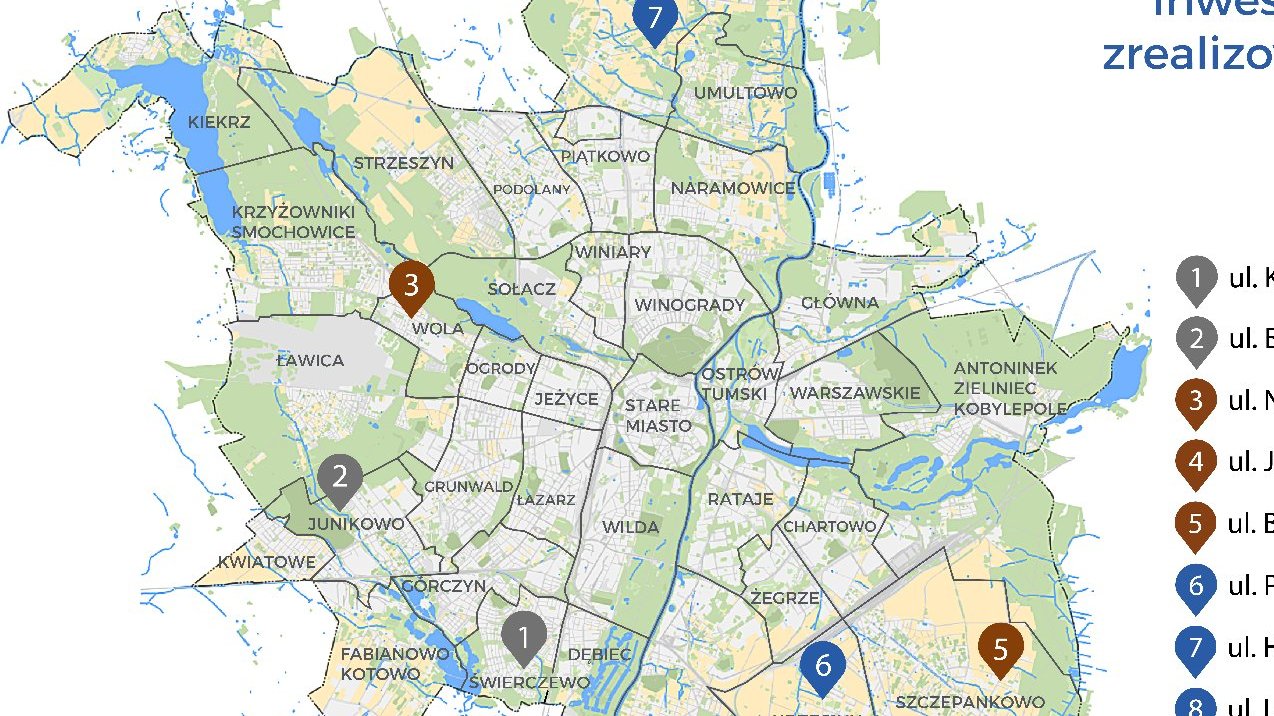 Mapa z zaznaczonymi punktami, gdzie w 2021 roku zrealizowano inwestycje lokalne.