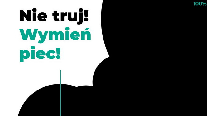 Grafika przedstawia rysunek czarnej chmury dymu oraz hasło "Nie truj! Wymień piec!".