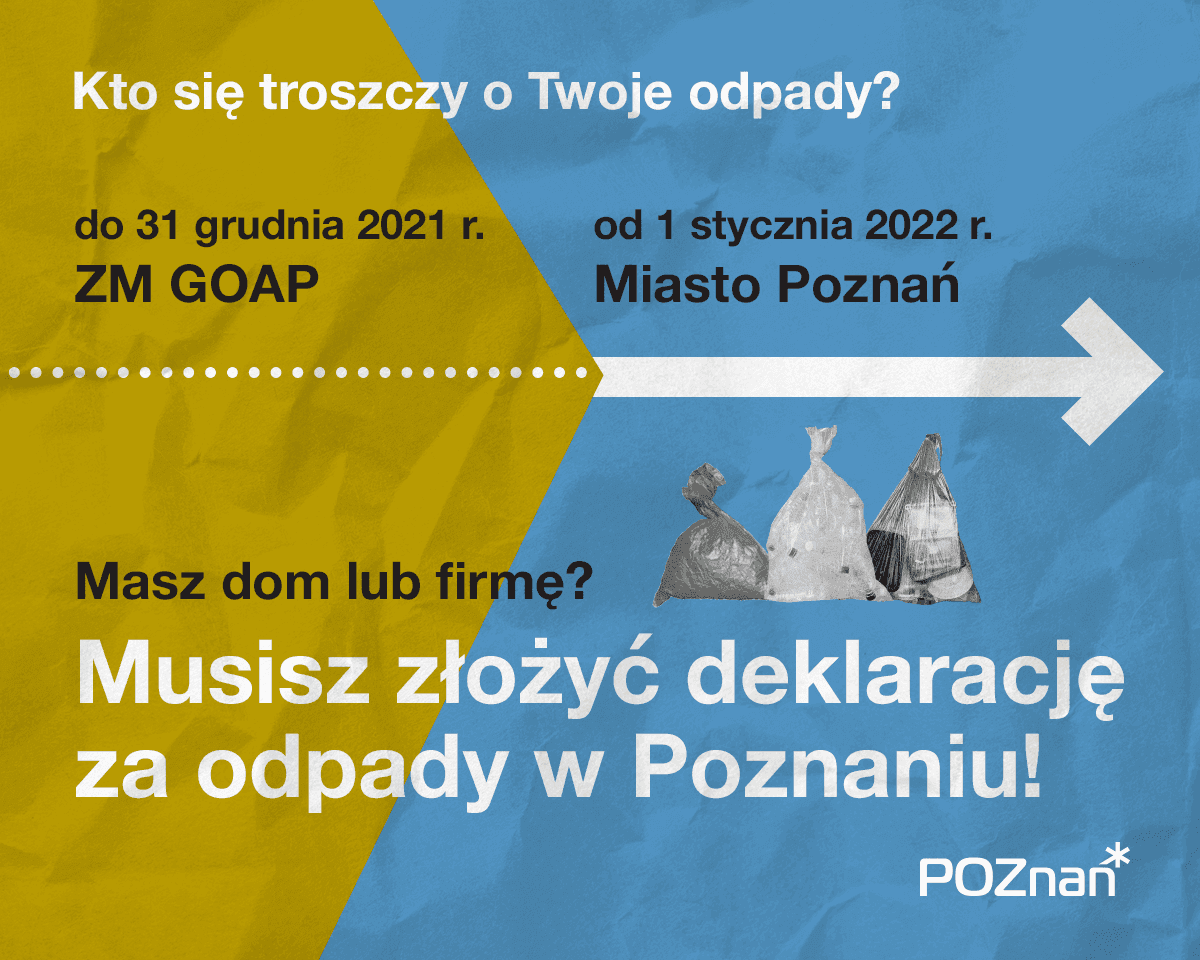 Grafika przedstawia informacje o poznańskim systemie gospodarowania odpadami oraz rysunek worków na śmieci. - grafika rozmowy