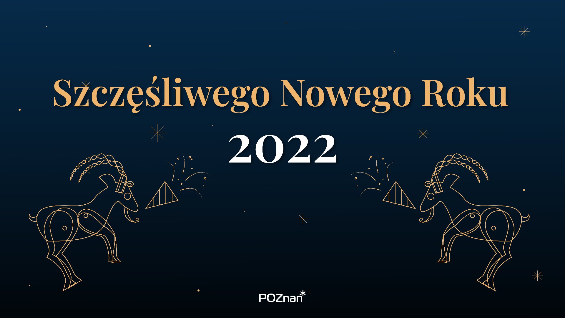 Grafika przedstawia rysunek złotych koziołków na granatowym tle oraz napis "Szczęśliwego Nowego Roku 2022". - grafika rozmowy