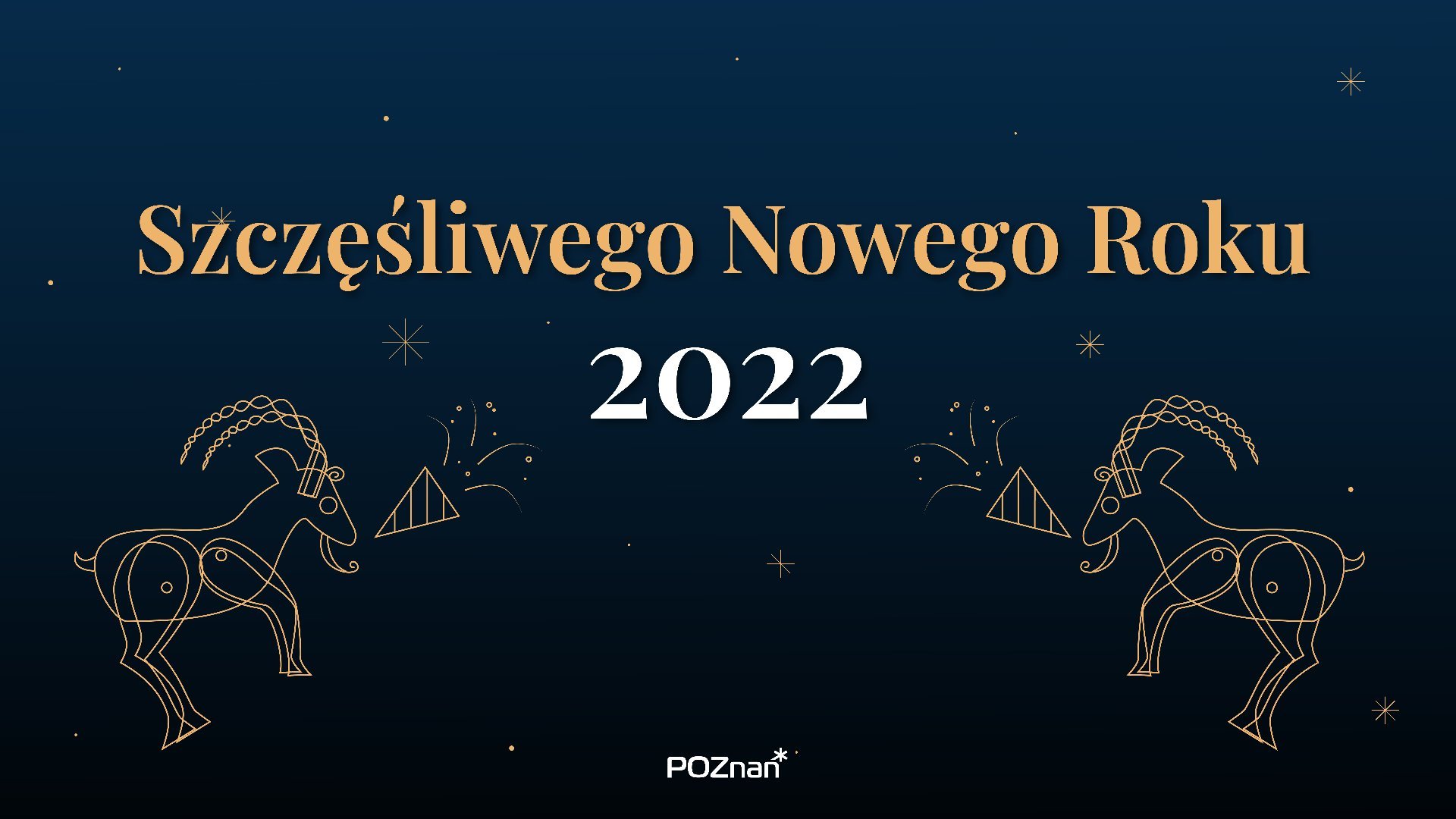 Grafika przedstawia rysunek złotych koziołków na granatowym tle oraz napis "Szczęśliwego Nowego Roku 2022".