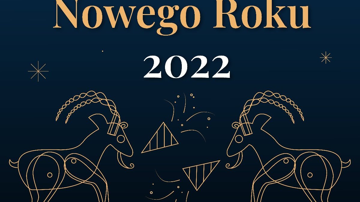 Grafika przedstawia rysunek złotych koziołków na granatowym tle oraz napis "Szczęśliwego Nowego Roku 2022".