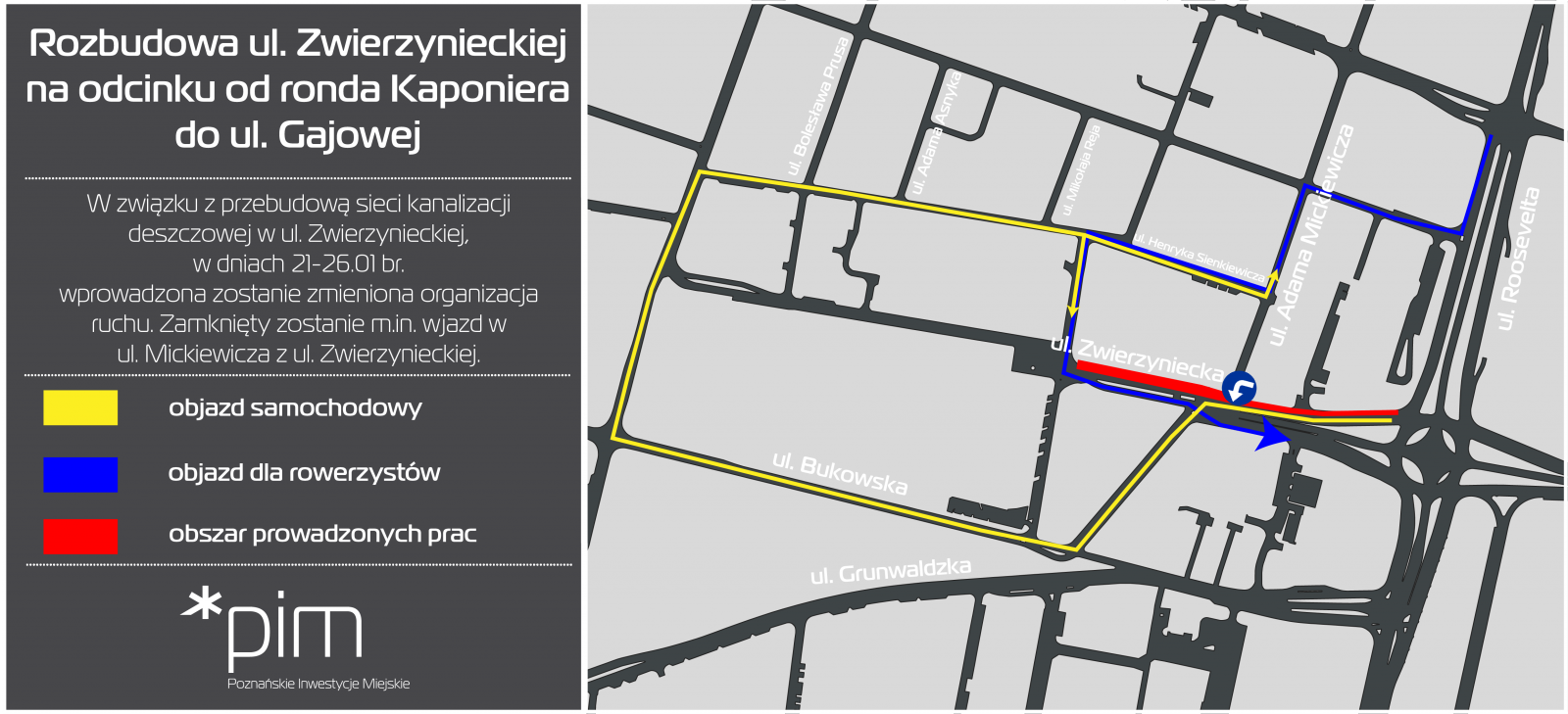 Grafika z planowanymi zmianami organizacji ruchu zaznaczonymi na schematycznej mapce - grafika rozmowy