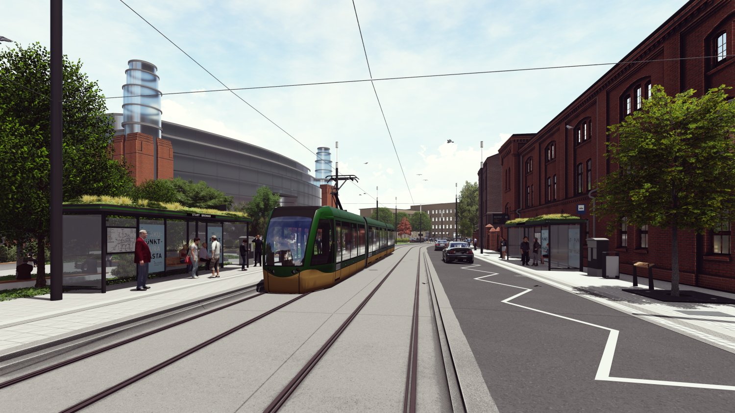 Wizualizacja: tramwaj podjeżdżajacy na przystanek typu wiedeńskiego