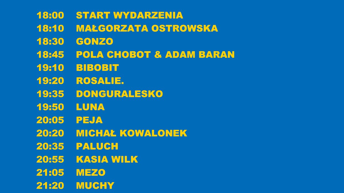 Grafika przedstawia program wydarzeń - listę wykonawców wraz z godzinami na niebieskim tle.