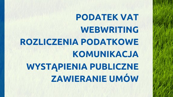 Grafika: zdjęcie zielonej trawy, na nim dwie ramki, a w nich najważniejsze informacje o szkoleniach