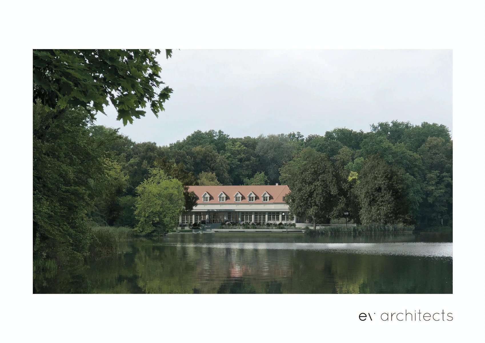 Galeria wizualizacji przedstawia budynek restauracji i hotelu oraz otaczającą ją zieleń. - grafika rozmowy