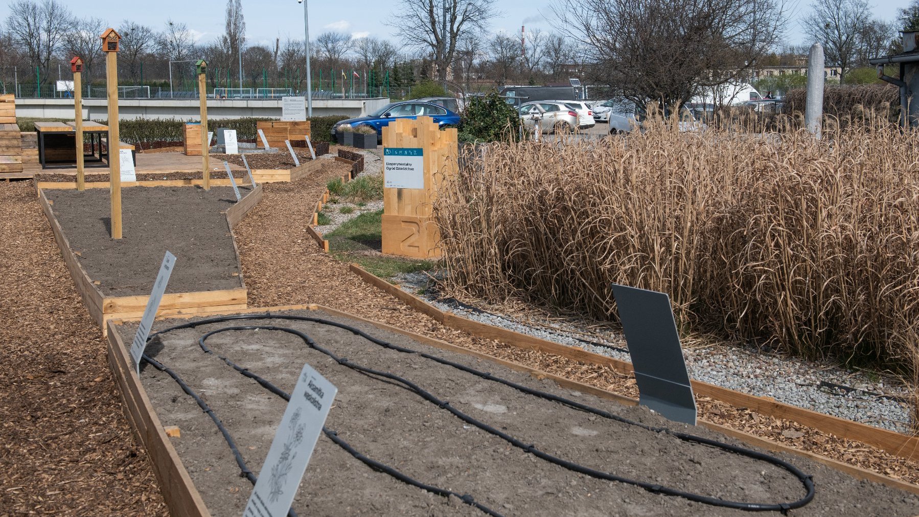 Galeria zdjęć przedstawia ogród eksperymentalny. Widać na nim wydzielone miejsce na rośliny oraz prelegentów konferencji.