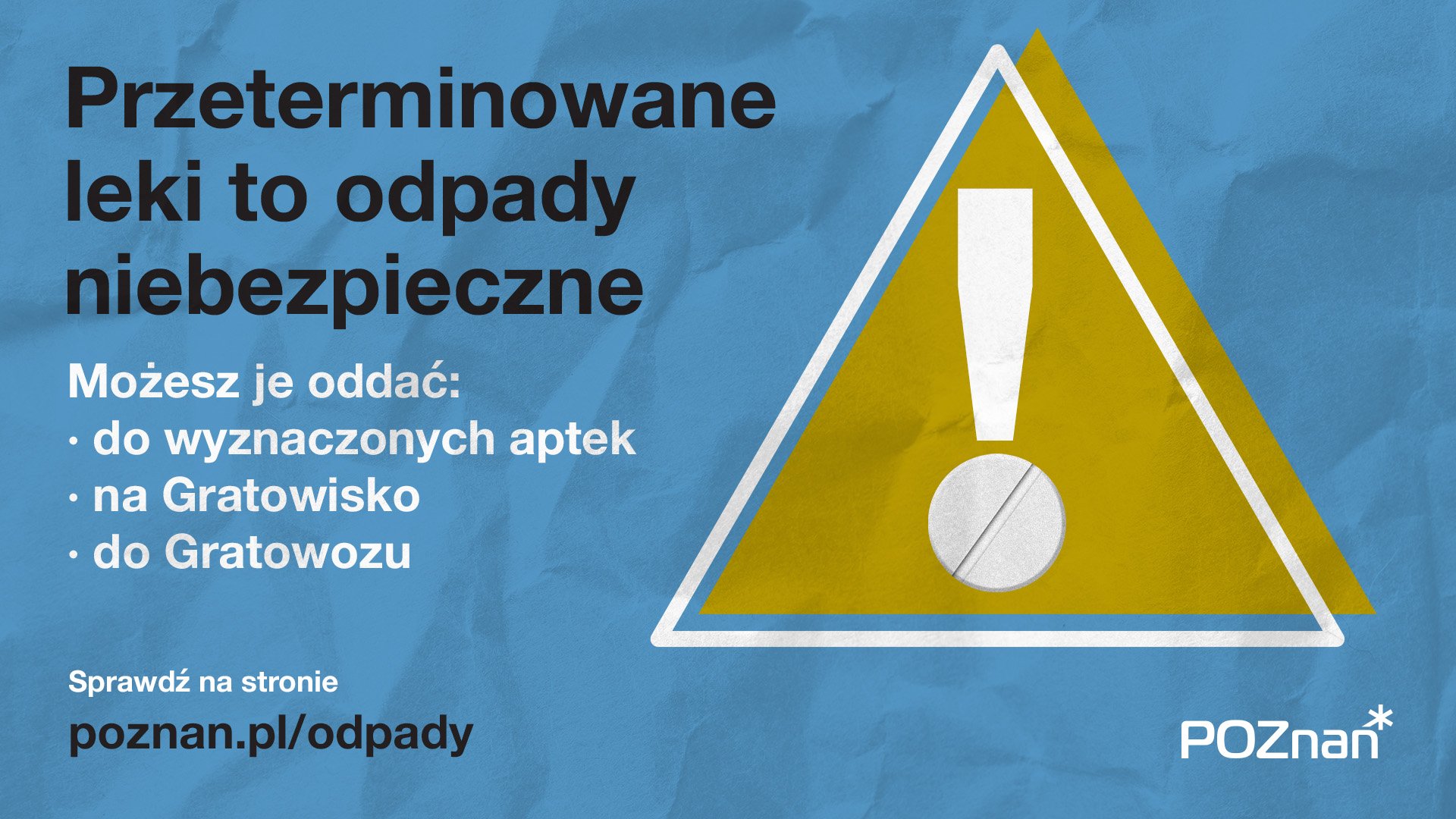 Grafika. Po prawej strony wykrzyknik wipisany w trójkąt. Po lewej najważniejsze informacje dot. wyrzucania przeterminowancyh leków. - grafika rozmowy