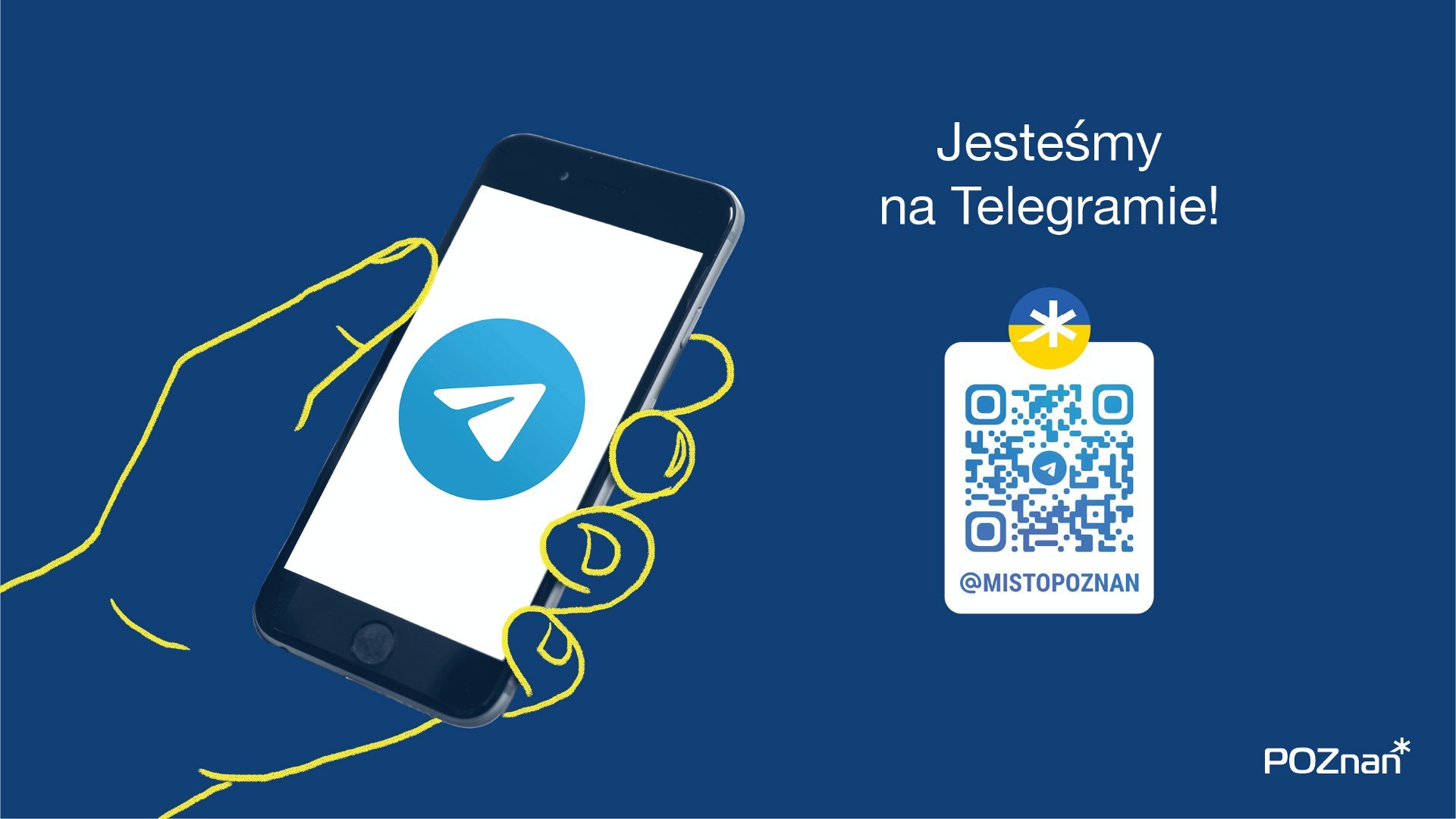 Grafika: na niej dłoń trzymająca telefon, obok napis: Jesteśmy na Telegramie!