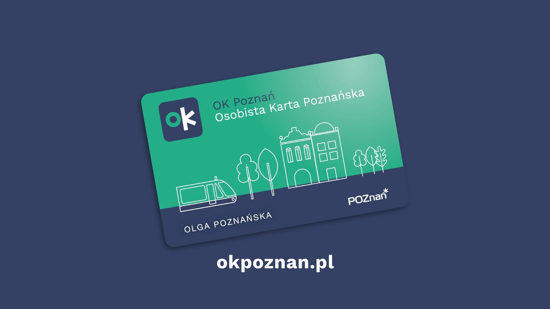 Grafika: karta OK Poznań na granatowym tle