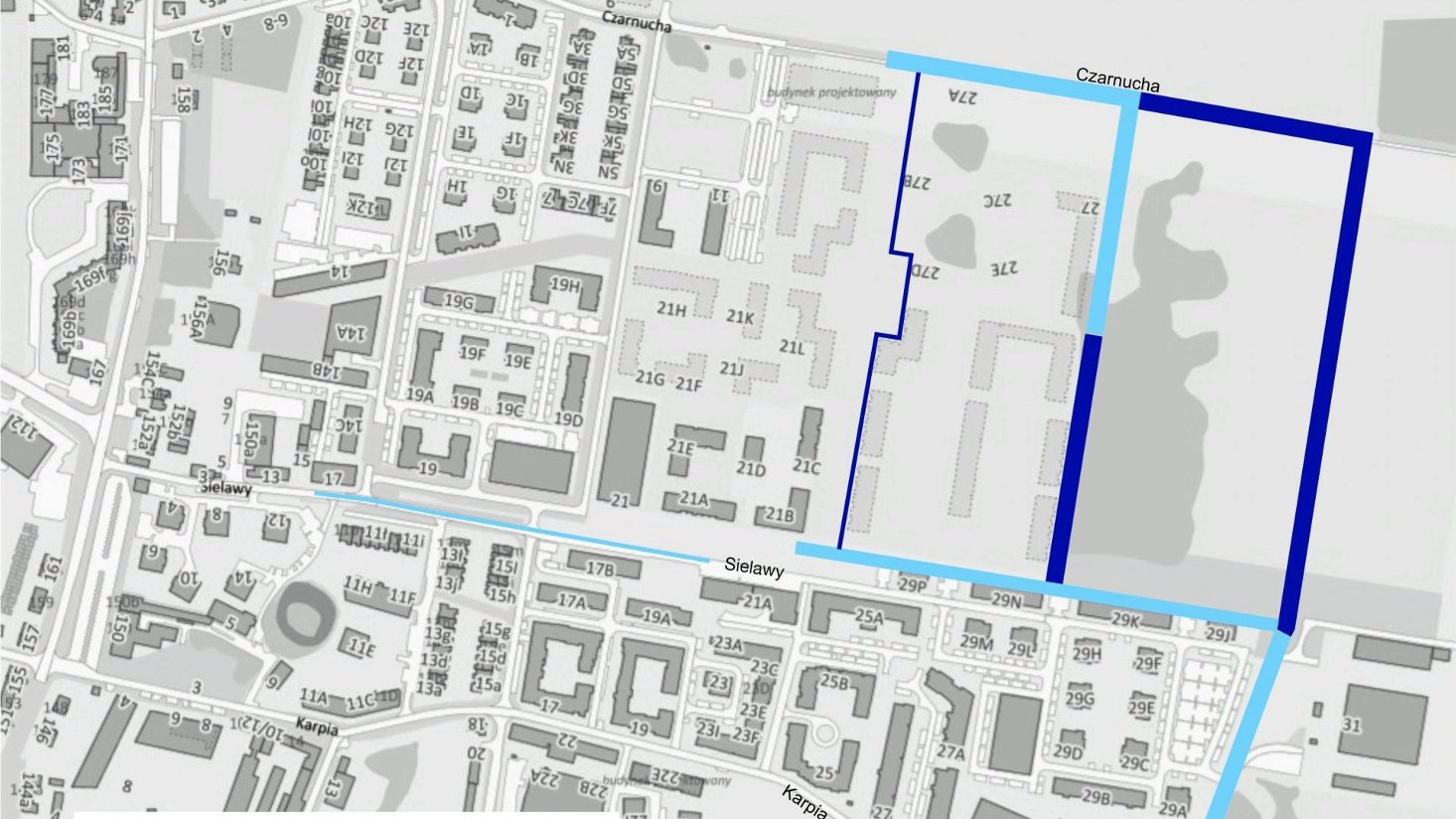 Grafika: mapa, a na niej zaznaczone ulice na Naramowicach