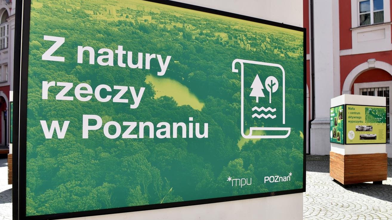 Na zdjęciu plansza wystawy z napisem: z natury rzeczy w Poznaniu. W tle budynek urzędu