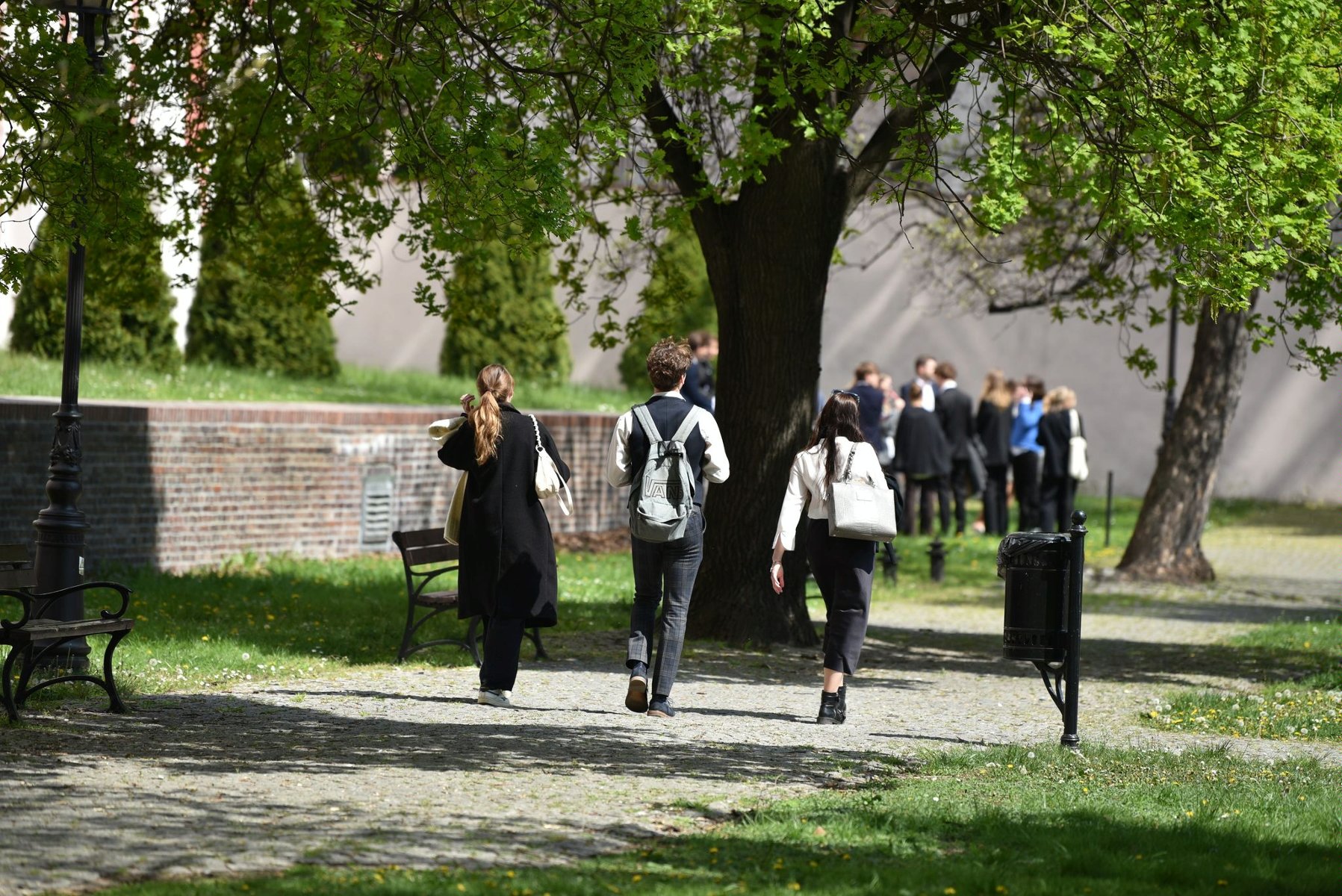 Na zdjęciu grupa młodych ludzi ubrana oficjalnie idzie przez park - grafika rozmowy