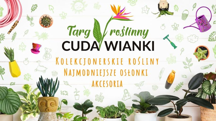 Grafika przedstawia zdjęcia roślin i akcesoriów ogrodniczych oraz informacje o targach.