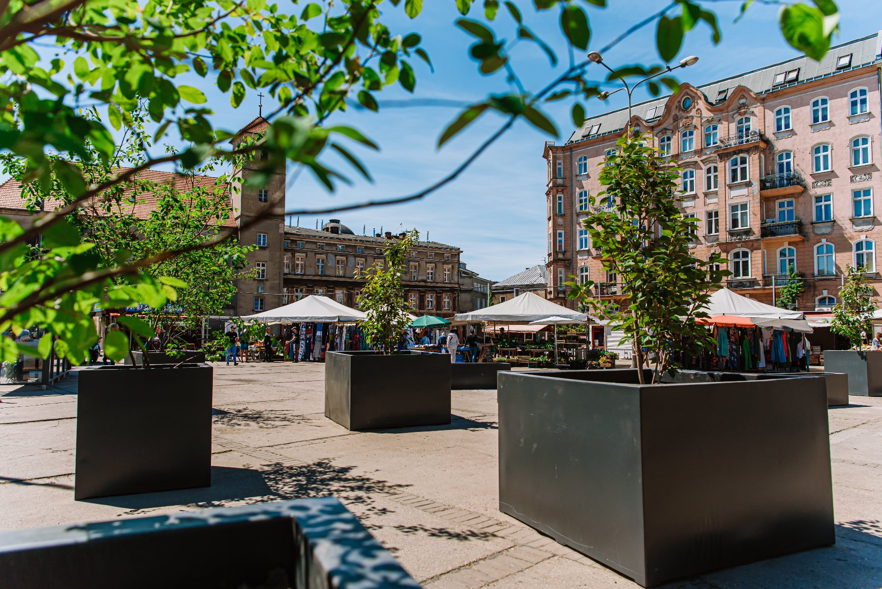 Galeria zdjęć przedstawia plac Bernardyński. Widać na nich donice z roślinami oraz stragany handlowe. - grafika rozmowy