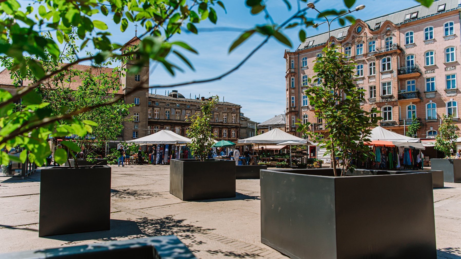 Zdjęcie przedstawia plac Bernardyński. Widać na nim donice z drzewami, w tle znajdują się stragany.