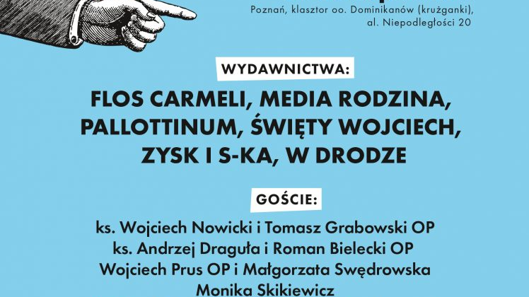 Grafika przedstawia informacje o wydarzeniu i rysunek ręki z palcem wskazującym.