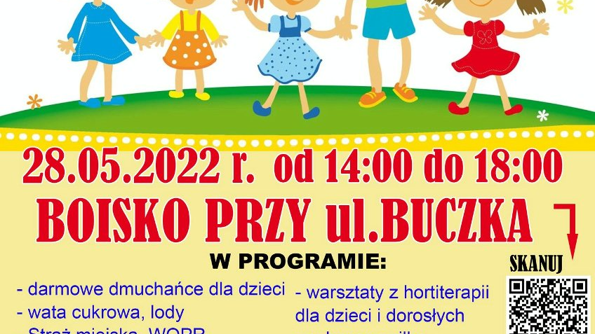 Plakat informujący o wydarzeniu. Przedstawia rysunki dzieci oraz program imprezy.