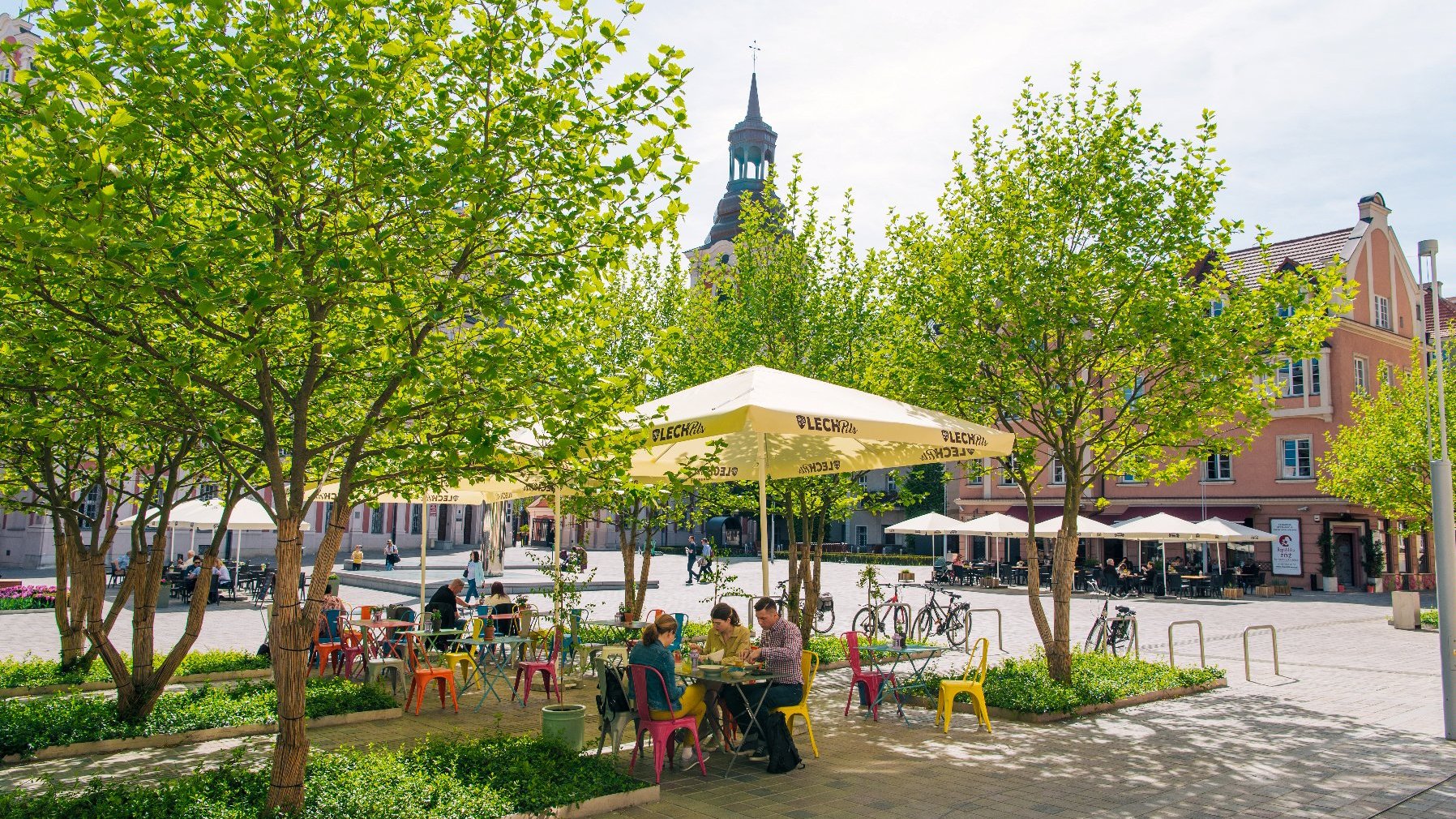 Na zdjęciu pl. Kolegiacki. Na pierwszym planie ogródek restauracyjny otoczony drzewami. W tle wieża poznańskiej Fary i kamienice.