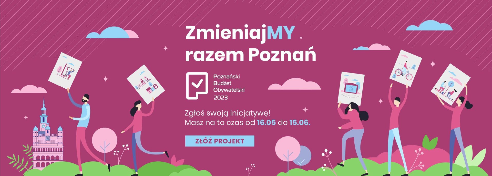 Grafika przedstawia rysunek ludzi trzymających kartki papieru z różnymi obrazkami, logo PBO oraz informacje o zgłaszaniu projektów. - grafika rozmowy