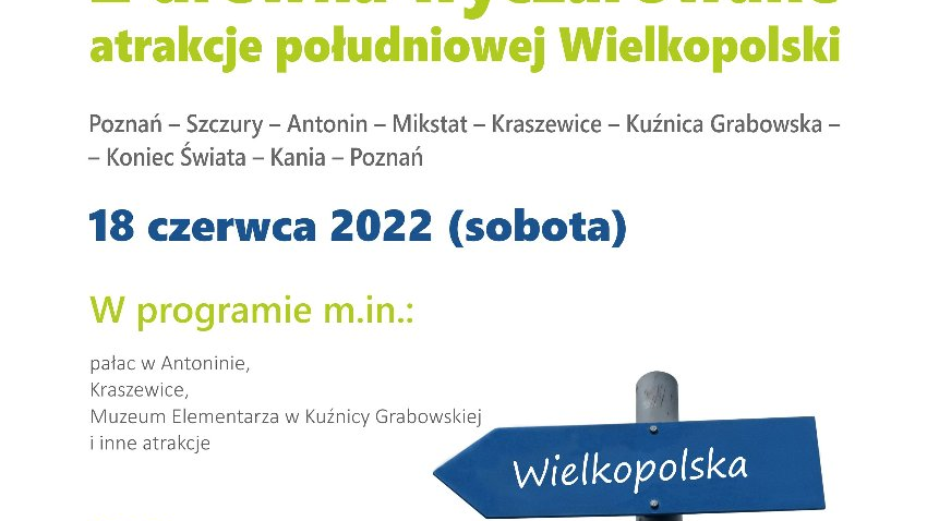 Plakat: na białym tle najważniejsze informacje o wydarzeniu oraz rysunek drogowskazów