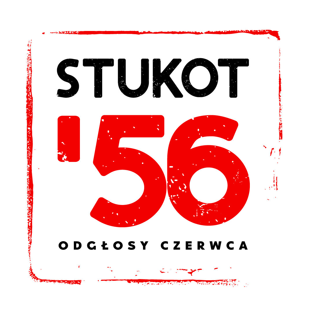 Grafika: na białym tle napis: STUKOT '56 - grafika rozmowy