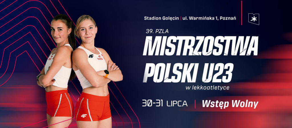 Galeria zdjęć przedstawia grafiki promujące 39. PZLA Mistrzostwa Polski U23, na których widać najważniejsze informacje dot. zawodów oraz zawodników w strojach sportowych. - grafika rozmowy