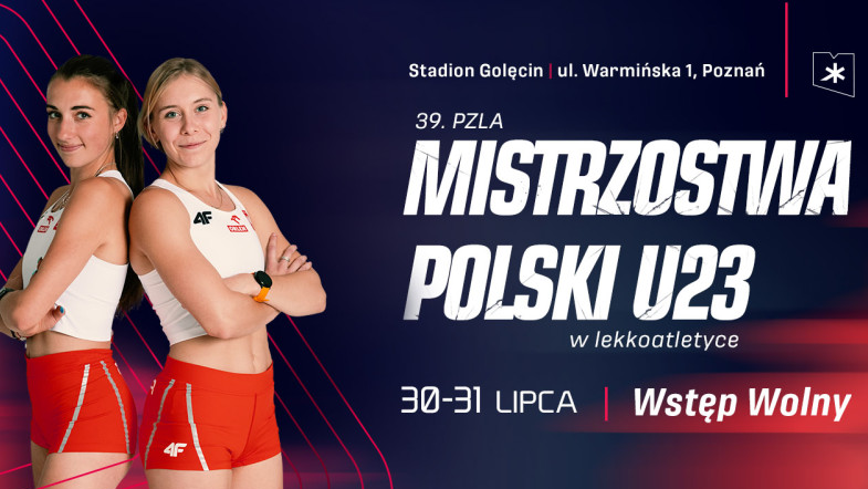 Galeria zdjęć przedstawia grafiki promujące 39. PZLA Mistrzostwa Polski U23, na których widać najważniejsze informacje dot. zawodów oraz zawodników w strojach sportowych.