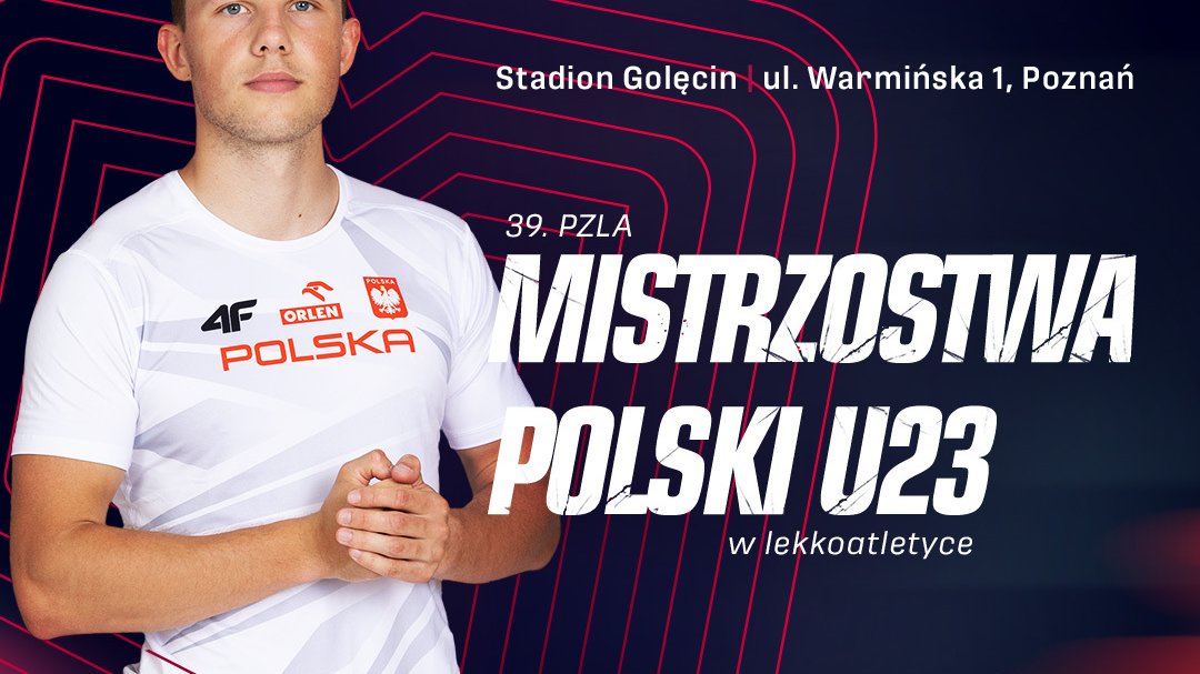 Galeria zdjęć przedstawia grafiki promujące 39. PZLA Mistrzostwa Polski U23, na których widać najważniejsze informacje dot. zawodów oraz zawodników w strojach sportowych.