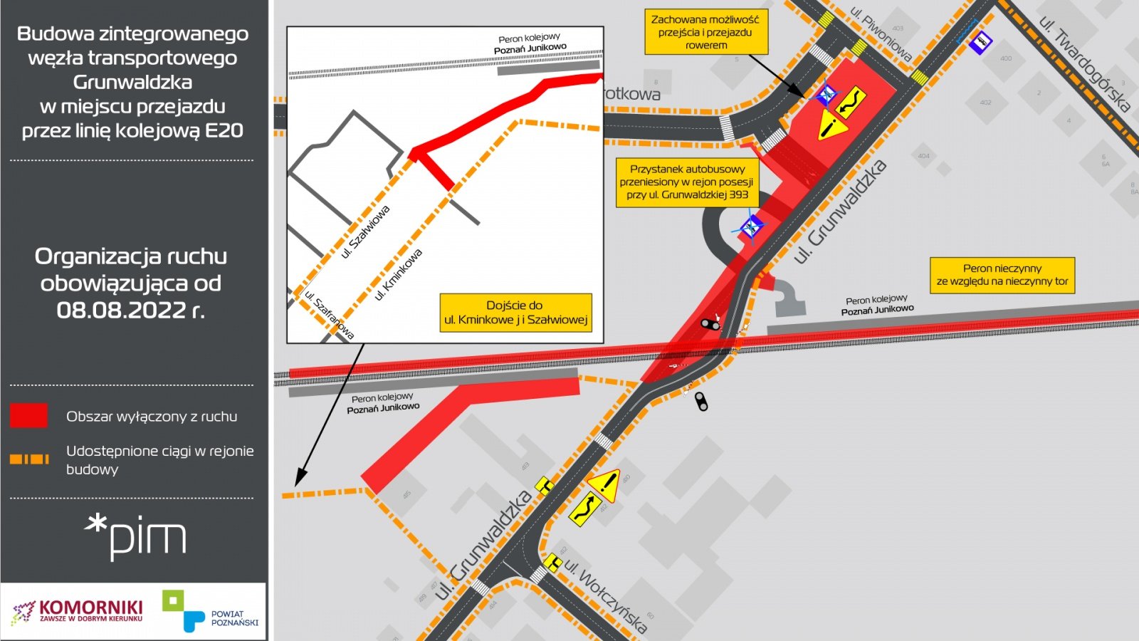 Grafika: mapa z zaznaczonymi zmianami organizacji ruchu pieszych