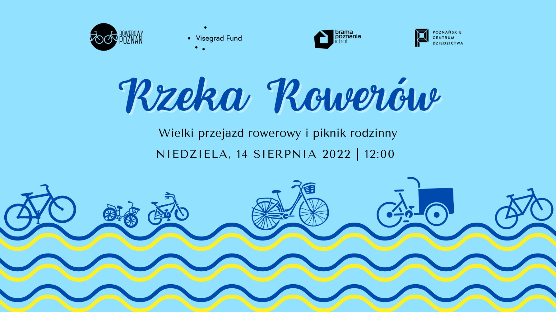 Plakat promujący wydarzenie "Rzeka Rowerów" z najważniejszymi informacjami.