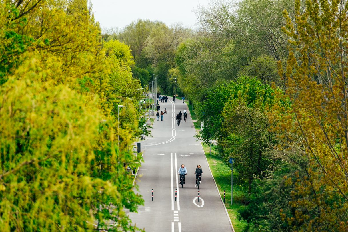 Widok z lotu ptaka na Wartostradę i jadących po niej rowerzystów. - grafika rozmowy