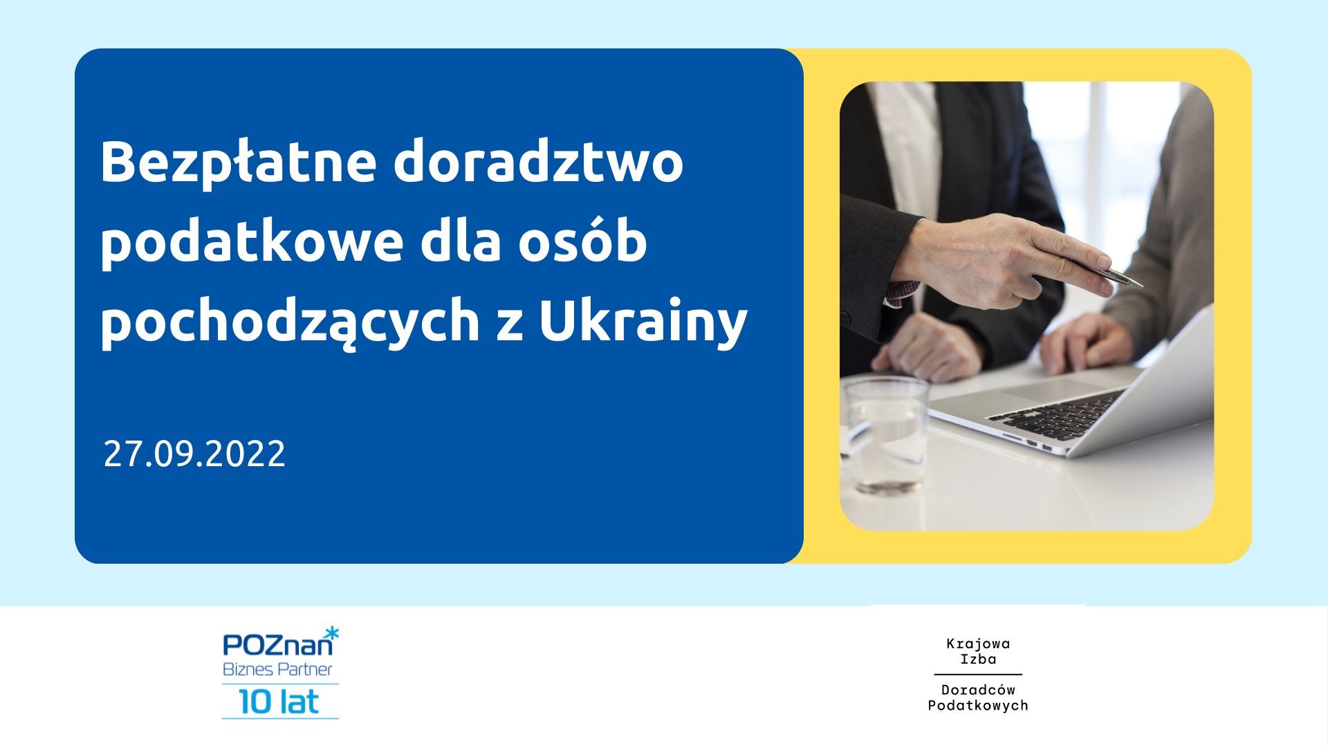 Grafika: zdjęcie osób przy laptopie, obok najważniejsze informacje o wydarzeniu - grafika rozmowy