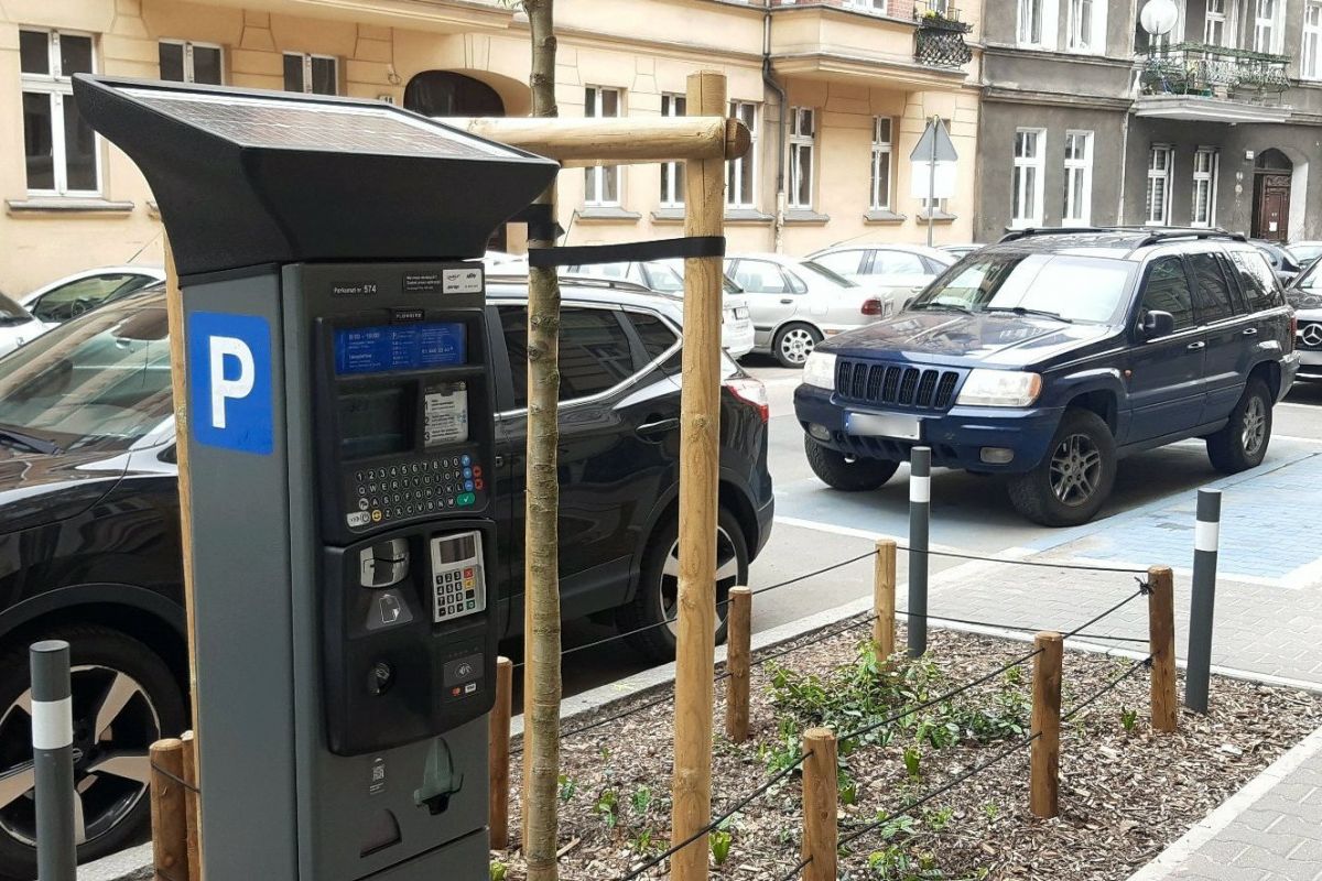 Parkomat przy ulicy. W tle widać parkujące samochody - grafika rozmowy