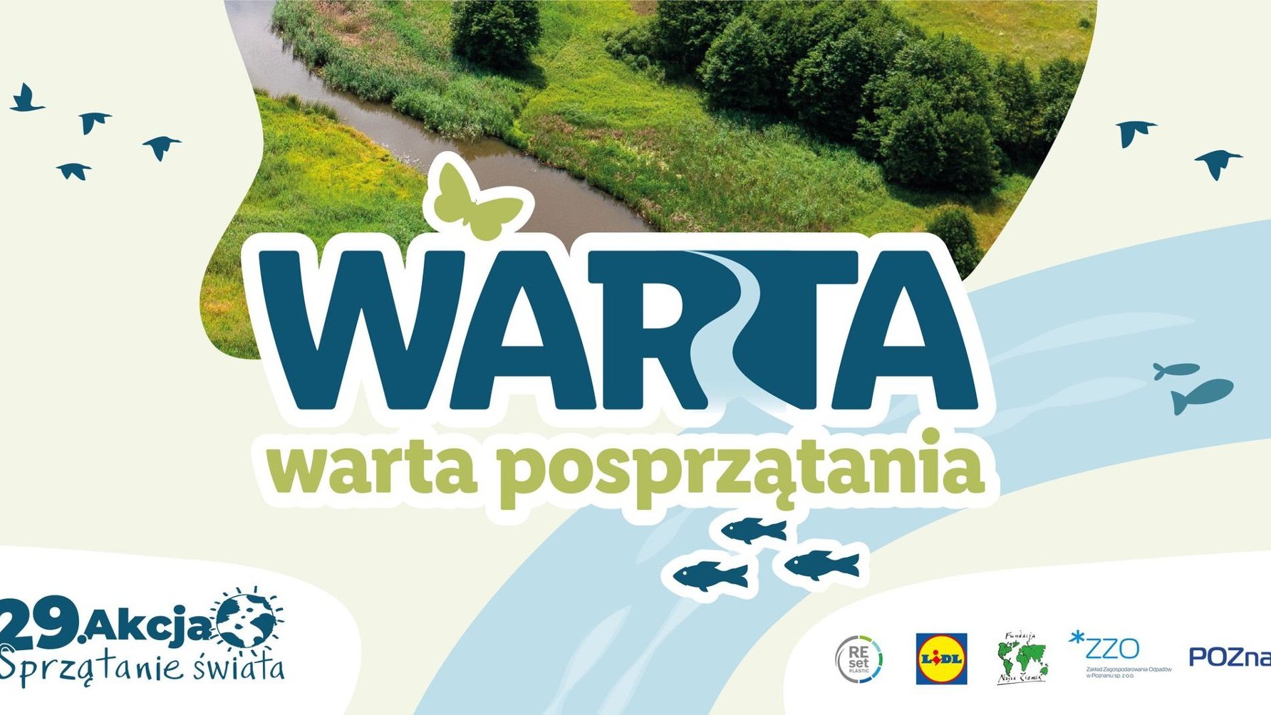 Grafika z napisem oraz widokiem na Wartę