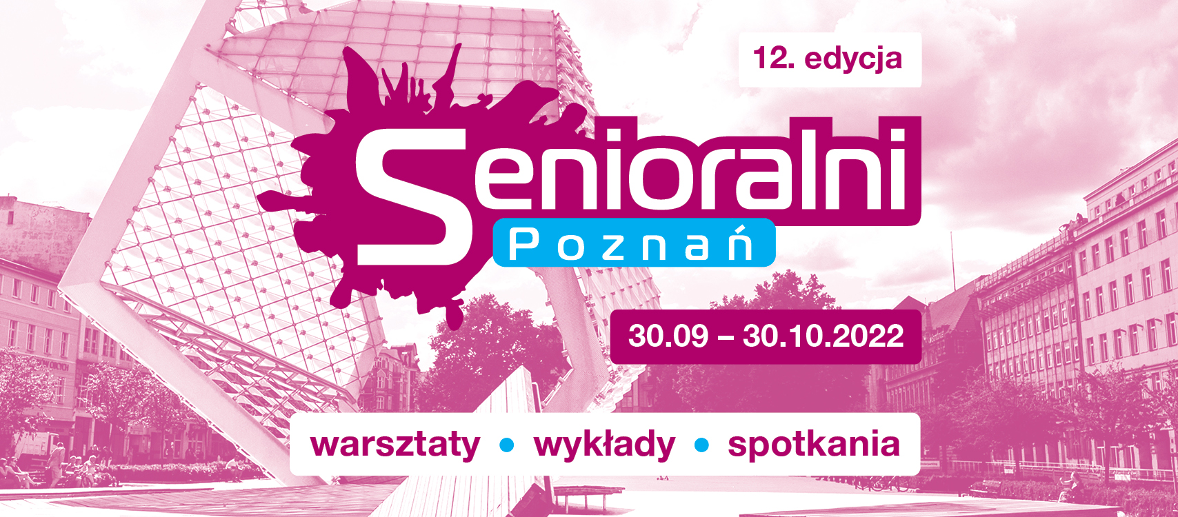 Grafika: na różowym tle zdjęcie fontanny na placu Wolności, na nim napis: Senioralni Poznań - grafika rozmowy